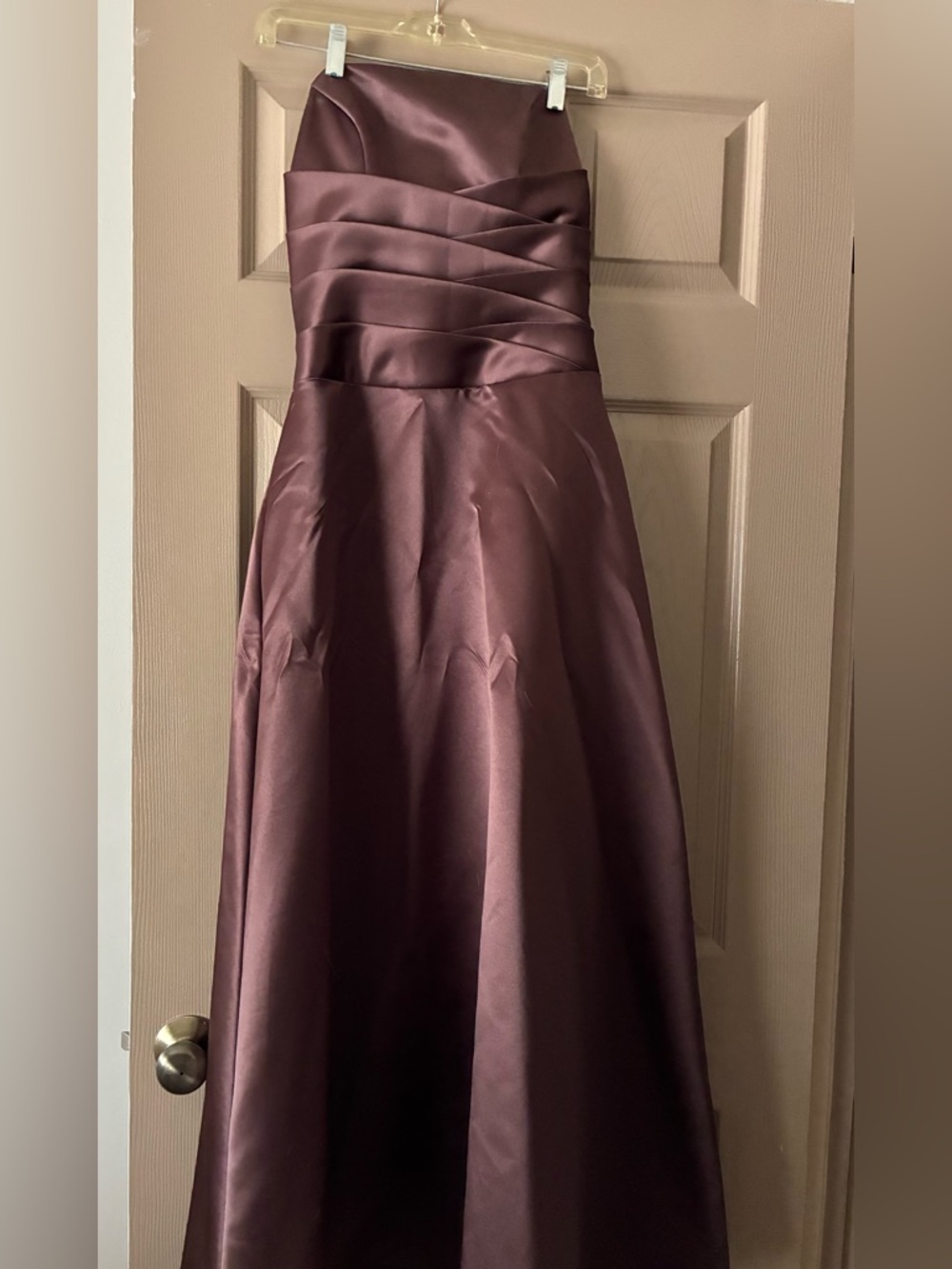 Almost Vintage Strapless Satin Evening Gown in Deep Brown